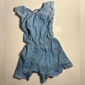 Little Me Light Blue Jean Chambray Romper with Embroidered Trim